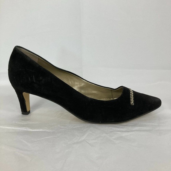 Van-Dal Whitwoth X Pumps Womens Sz 8 EEE Black Suede Gold Chain Heels - Picture 2 of 9